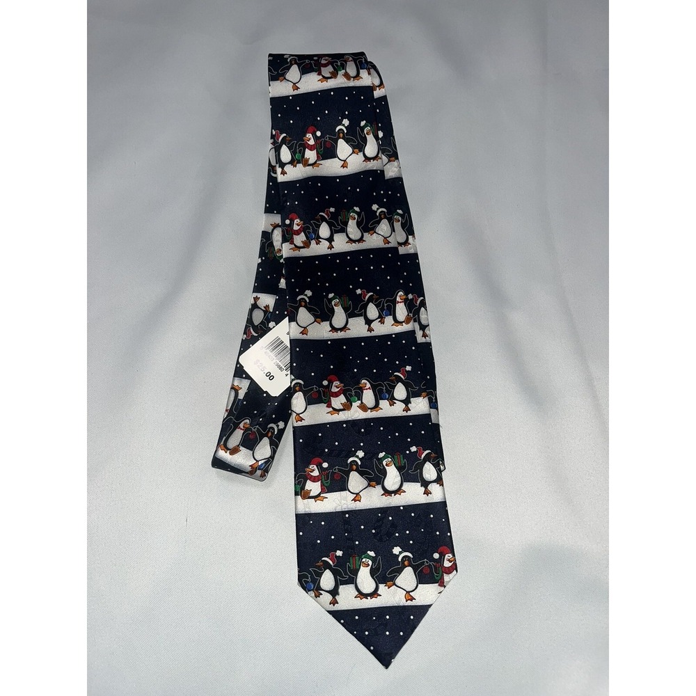 Hallmark Yule Tie Greetings Men's Black Penguin 100% Silk Christmas Tie